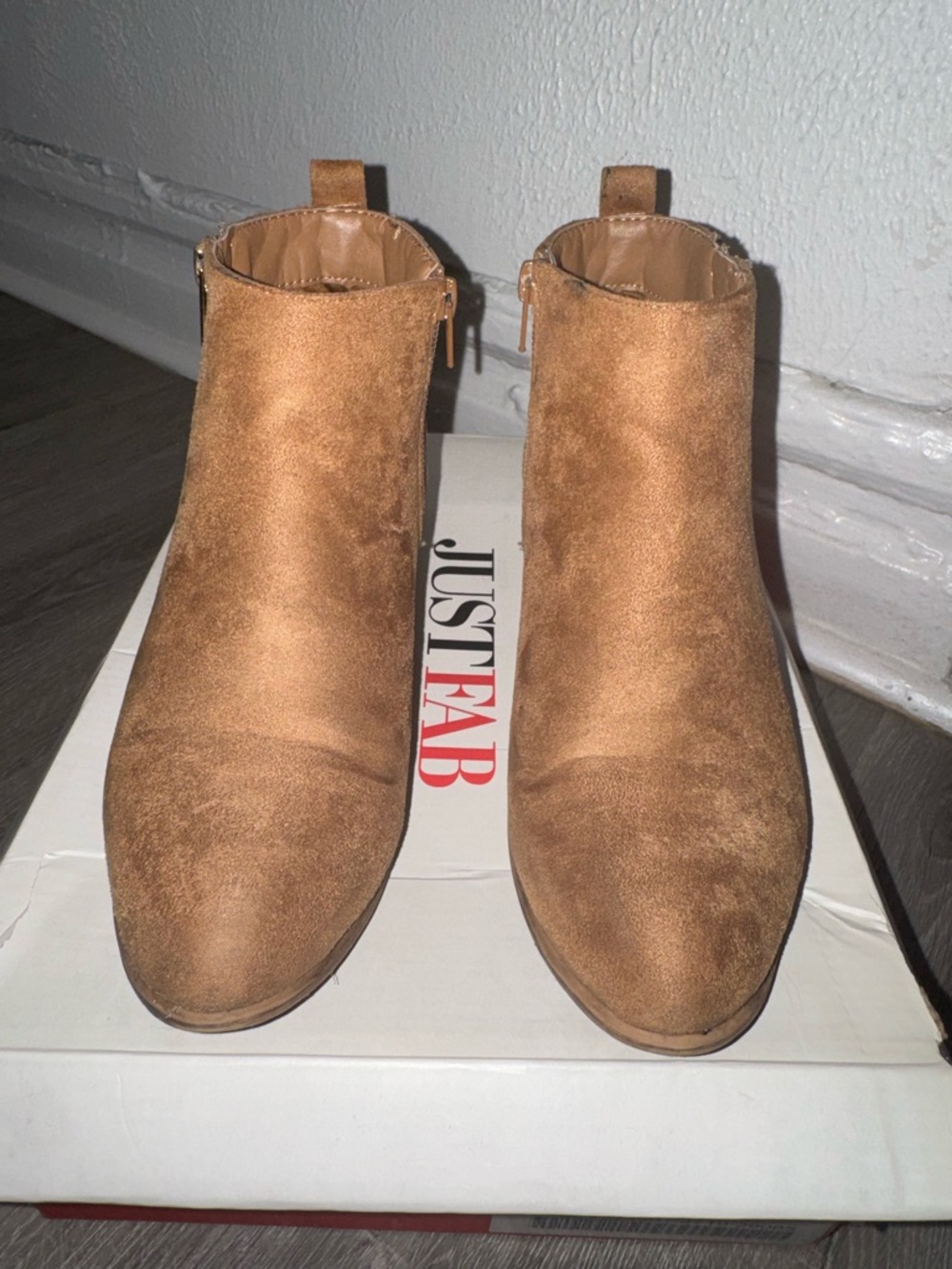 JustFab Tan Suede Zip Ankle Booties